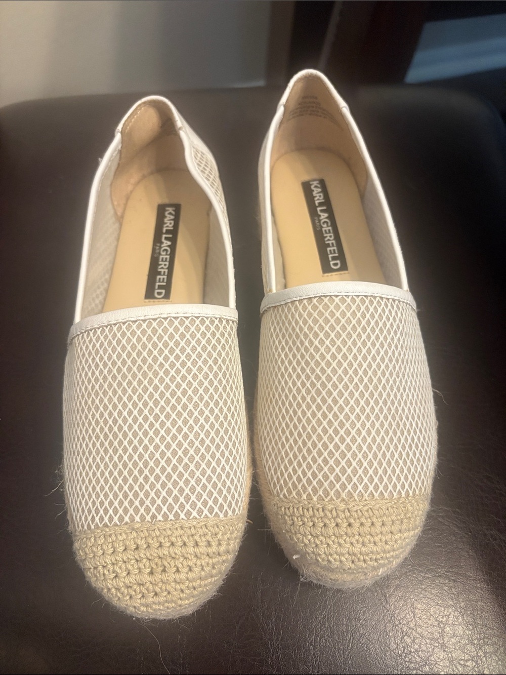 Karl Lagerfeld White Mesh & Crochet Espadrille Flats
